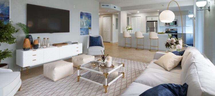 Heritage at Boca Raton apartment living room and kitchen